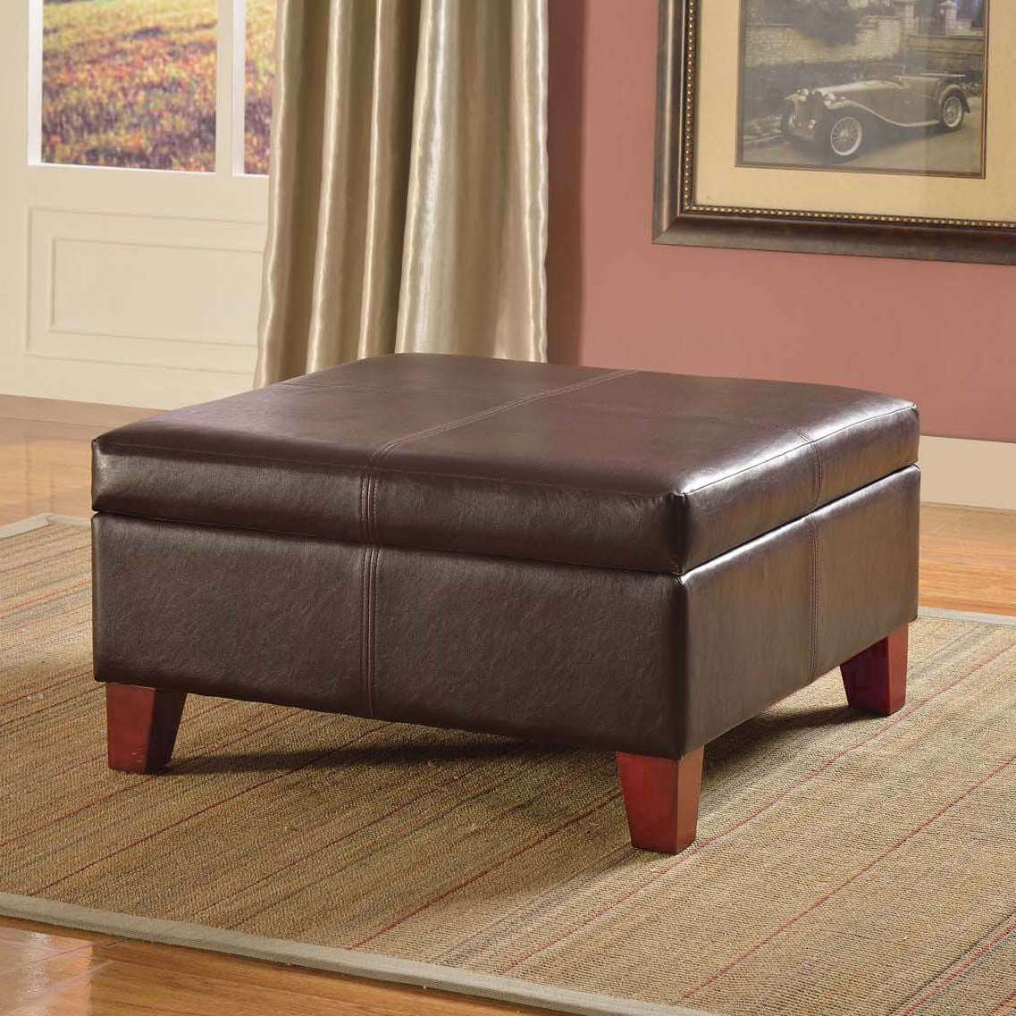 Leatherette Upholstered Wooden Ottoman With Hinged Storage, Brown, Large- Saltoro Sherpi