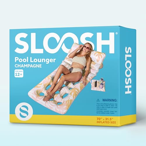 SLOOSH Adjustable Backrest Pool Floats - Tropical Leaves Pool Lounger Floaties Adults with Cup Holders, Inflatable Tanning Float Rafts Chair Beach Lake Lounge Floating Above Water Keep Cool (Blue)