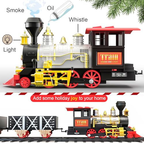Classical Christmas Train Set for Under The Tree with Real Smoke, Lights and Sounds, Large Train Cars Big Tracks Train Sets for Around Christmas Tree