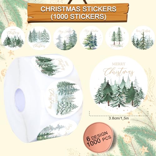 Whaline 1000Pcs Merry Christmas Stickers Roll Watercolor Forest Decals Green Xmas Tree Adhesive Decorative Round Seal Stickers for Gift Greeting Card Party Supplies