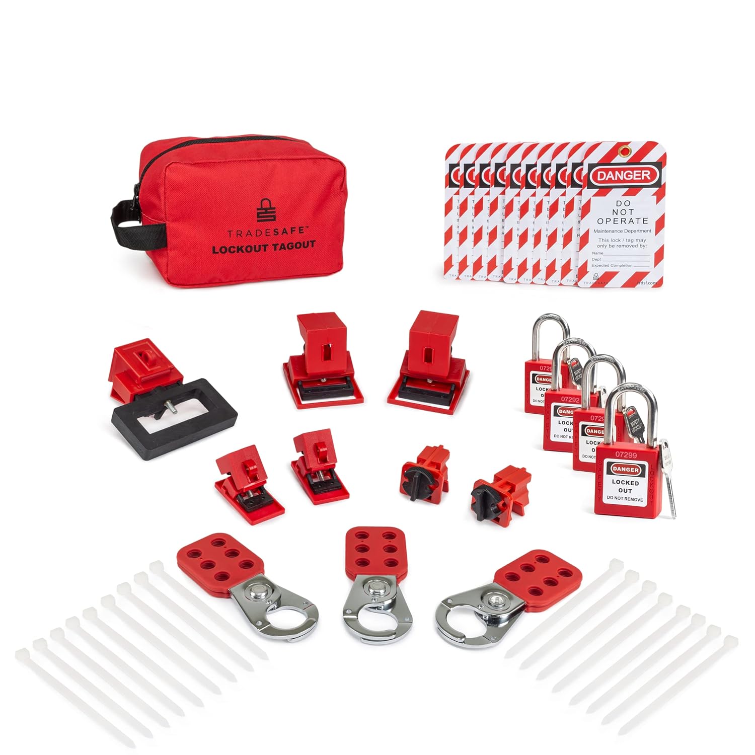 TRADESAFE Breaker Lockout Tagout Electrical Loto Kit. 120/277V to 480/600V Circuit Lock Outs. Set Includes Keyed Different Red Safety Padlocks, Hasps, Tags. Devices for Station Refill - 1 Key Pack of 2