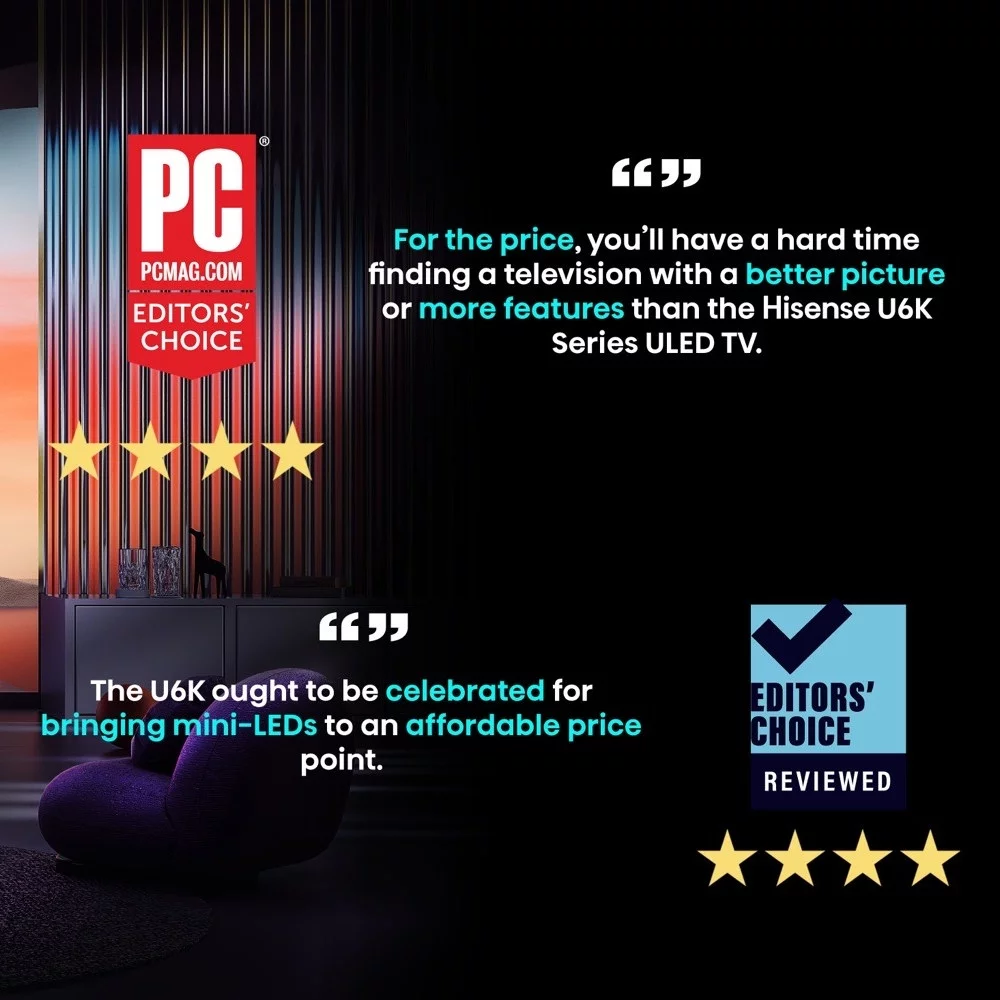 Hisense 55-Inch Class U6 Series Mini-LED QLED Google Smart TV (55U6K) - QLED, 600-Nit, Dolby Vision IQ & Dolby Atmos, Full Array Local Dimming