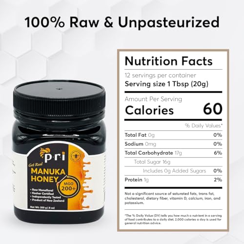 PRI Manuka Honey, Certified MGO 200+, Raw New Zealand Manuka Honey, 500g Jar