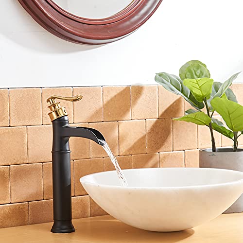 BWE Vessel Sink Faucet Waterfall Matte Black with Pop Up Drain Without Overflow and Supply Lines, Black Sink Faucet Bathroom One Handle Faucets Vanity Bath Mixer Tap