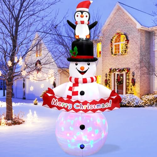 LOMOHOO 7FT Christmas Inflatable Snowman with Built-in Music Box & Rotating Colorful Project LED Lights, Blow Up Xmas Snowman Indoor Outdoor Decoration, Christmas Lawn Yard Garden Holiday Party Decor