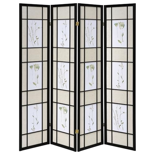 Coaster Home Furnishings - Catabella - Solid Wood - 70-Inch 4-Panel Room Divider Folding Shoji Screen with Beige Fabric Panels and Flandal Detail - Living Room & Bedroom - Black and Beige - 4407