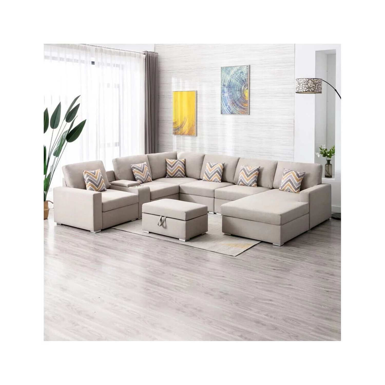 Maykoosh  Bohemian Bliss Linen Fabric 8Pc Reversible Chaise Sectional Sofa with Interchangeable Legs, Pillows, Storage Ottoman, and a USB, Charging Ports, Cupholders, Storage Console Table