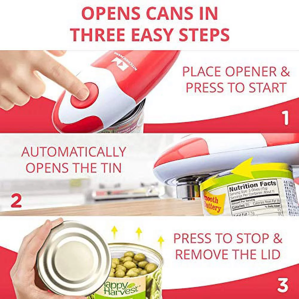 Kitchen Mama Electric Can Opener: Open Your Cans with A Simple Push of Button - No Sharp Edge, Food-Safe and Battery Operated Handheld Can Opener(Red)
