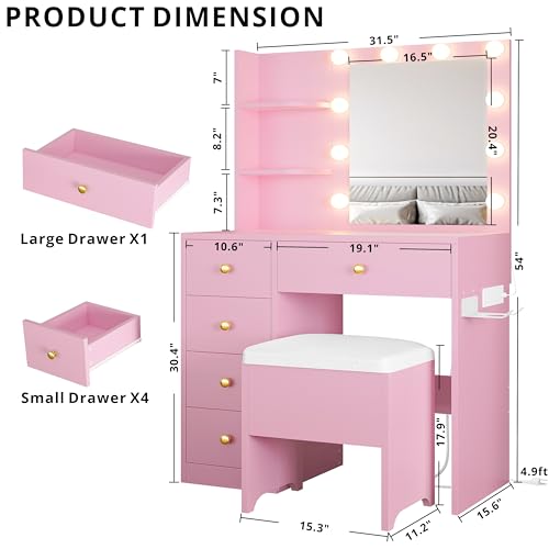 IRONCK Vanity Desk with Mirror and Lights, Small Makeup Vanity Table with 5 Drawers, Power Outlet, and Vanity Stool, 3 Lighting Colors, Dressing Table for Women Girls Bedroom, White