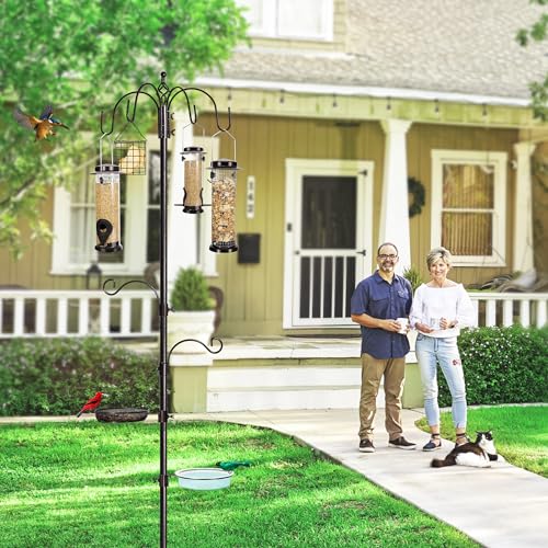 6-Hook Bird Feeding Station Kit, Wild Bird Feeder Stand Pole, Multi-Feeder Kit Stand with 4 Feeders, Bird Bath and Mesh Tray, 94 Inch