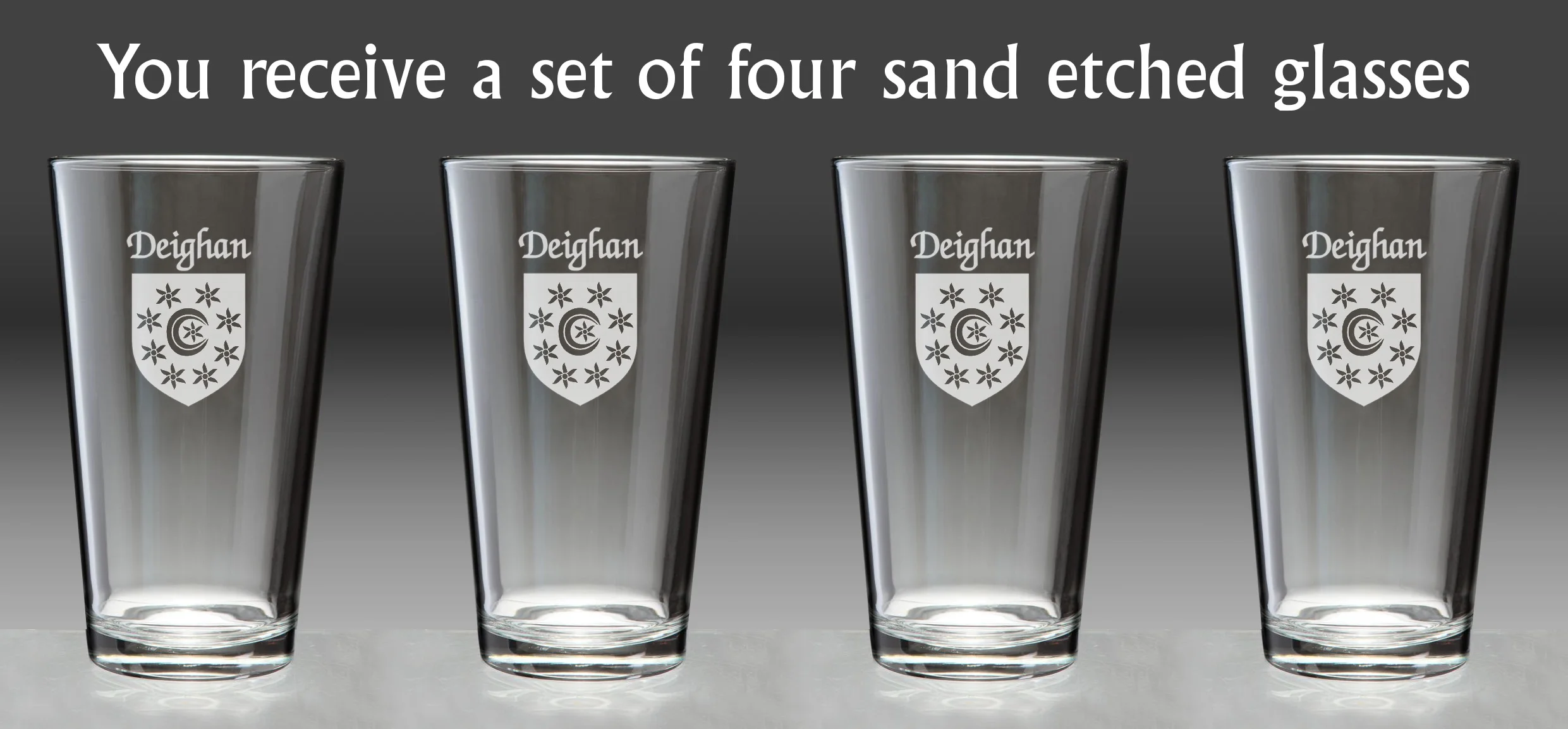 Deighan Irish Coat of Arms Pint Glasses - Set of 4 (Sand Etched)