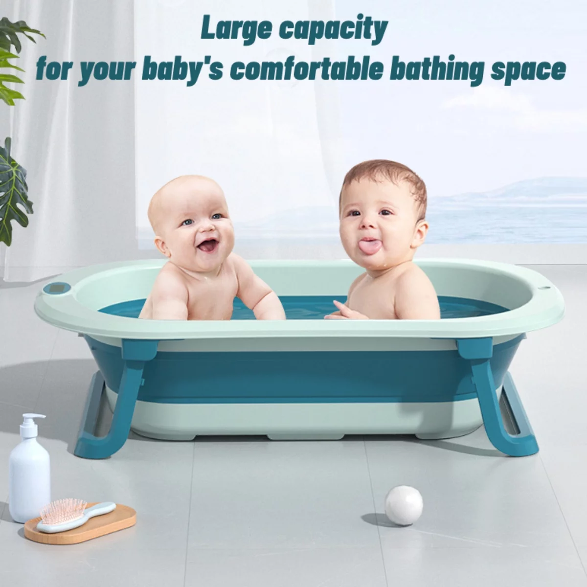 Hurber Large Folding Baby Bathtub, Infant Bath Tub with Temperature Sensitive Display & Anti-Slip Pad, Pink with Net Pad