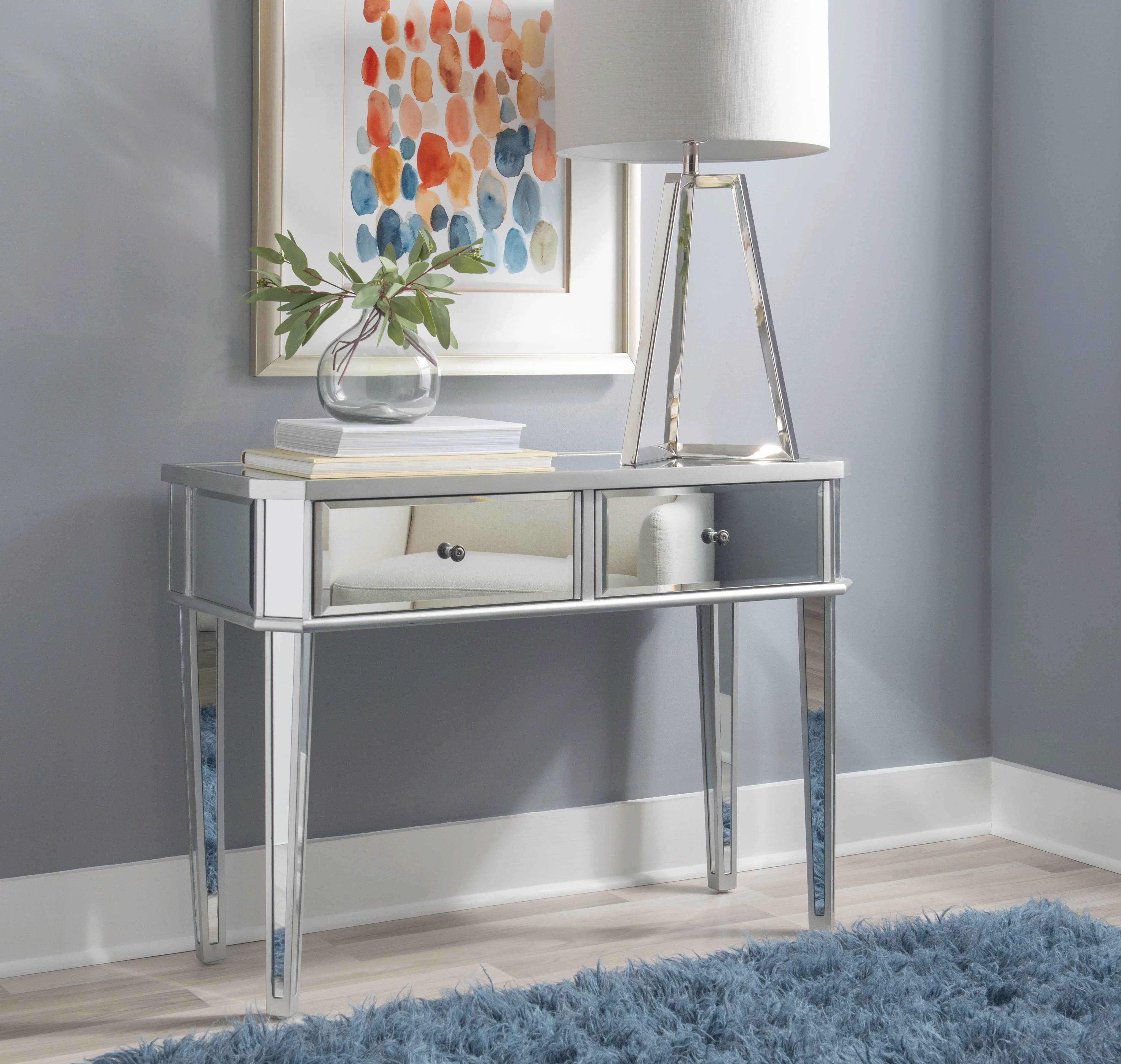 Powell Deville 2-Drawer Indoor Console Table, Mirrored Surfaces and Luxe Silver Wood