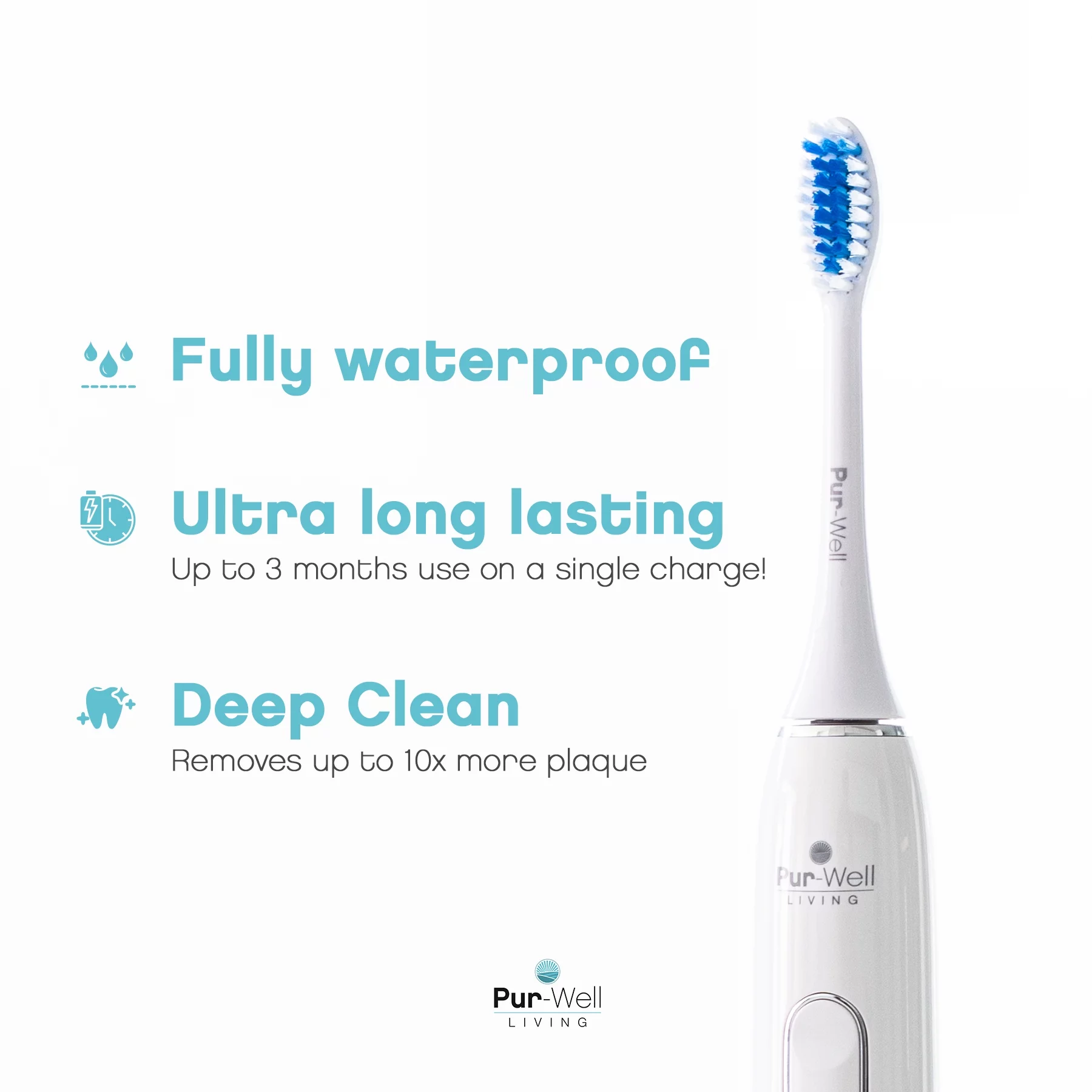 Pur-Well Living Pur-Hydro Clean Tooth Brush Dupont Brush Heads Electric USB Charging Toothbrush Waterproof (White)