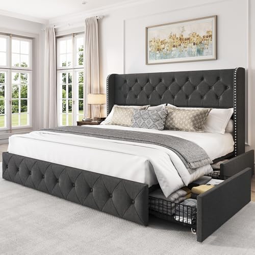 King Size Bed Frame with 4 Storage Drawers and Tufted Headboard Linen Upholstered Platform Bed Frame Wingback Beds with Wooden Slats Support, Easy Assembly, Beige