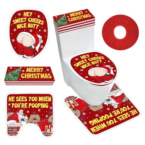 Santa Christmas Bathroom Decorations, Set of 4 Toilet Seat Cover Sets with Toilet Lid Cover Toilet Seat Cover Rug Tank Cover, Funny Xmas Indoor Home Bathroom Decor, White Elephant Gifts for Women Men