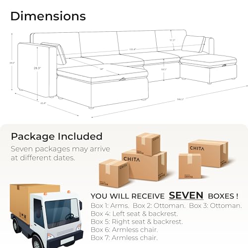 CHITA Oversized Modular Sectional Sofa, FSC Certified L Shaped Sectional Couches for Living Room, 112 inch Width,4 Seat Modular Sofa with Storage Ottoman, Linen