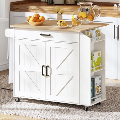 HOOBRO Kitchen Island with Drop Leaf Countertop & Power Outlet, Rolling Island Cart on Wheels, Kitchen Cart with Drawer & Spice Rack, Mobile Island Table for Kitchen, White and Natural WN86UZD01