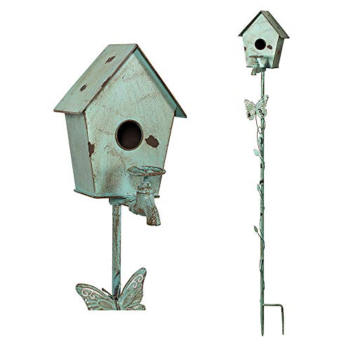 Baroque Cottage Bird House Stake for Outside with Pole, Distressed Metal Birdhouse Stand for Outdoor Garden,Purple