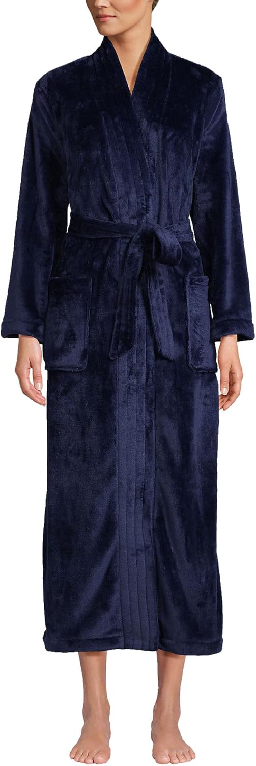 Lands' End Womens Cozy Plush Long Wrap Robe Deep Sea Navy Regular Small