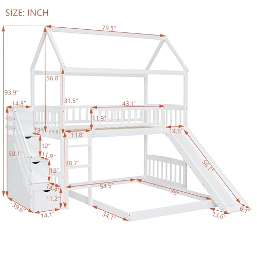 Twin Over Full House Bunk Bed with Stairs and Slide, Modern Bunk Bed Frame with Full-Length & Guard Rail, No Box Spring Needed, Gray