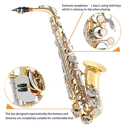 EASTROCK Black Nickel/Golden Alto Saxophone E Flat Sax Full Kit for Students Beginner with Carrying Case,Mouthpiece,Mouthpiece Cushion Pads,Cleaning Cloth&Cleaning Rod,White Gloves,Neck Strap