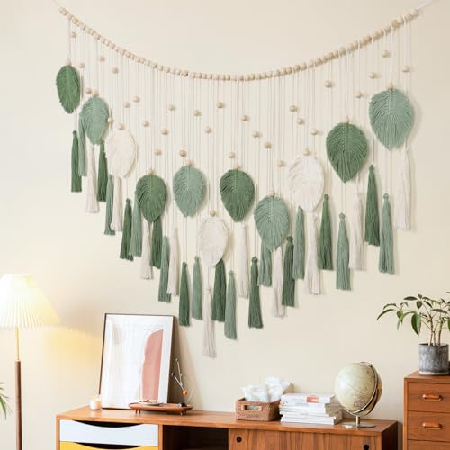 Betylifoy Large Macrame Wall Hanging Beige Green Feather Boho Macrame Tapestry Wall Art Wooden Beads Handmade Woven Leaf Tassels Wall Decor for Bedroom Living Room Apartment