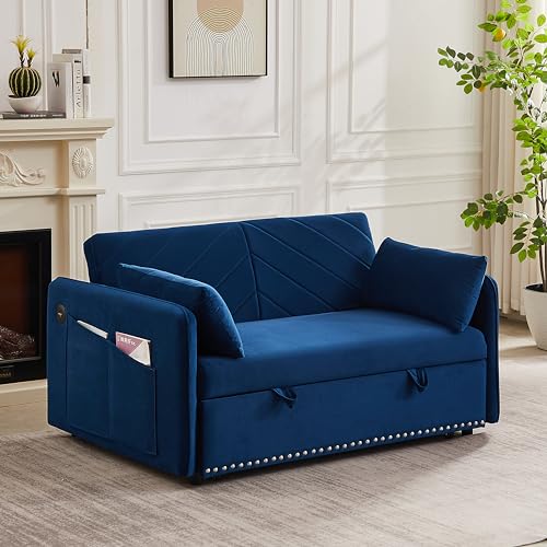 55 Inch Sleeper Sofa w/USB Port, 3-in-1 Adjustable Couch with Pull-Out Bed, 2 Lumbar Pillows and Side Pocket, Soft Velvet Convertible Sofabed for Living Room Bedroom Office, Blue