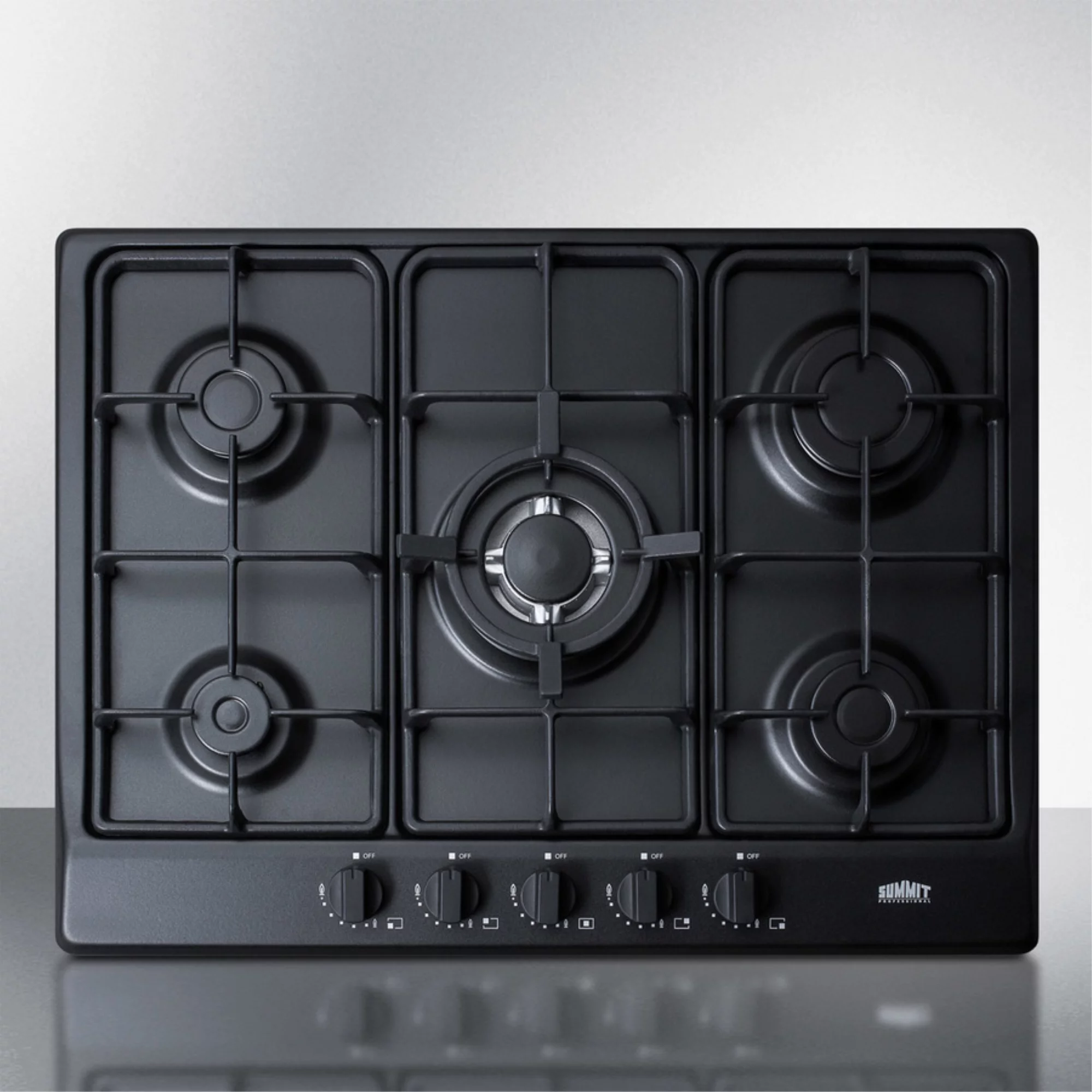 5-burner gas cooktop made in Italy in a black matte finish with sealed burners, cast iron grates, and wok stand; fits standard 24