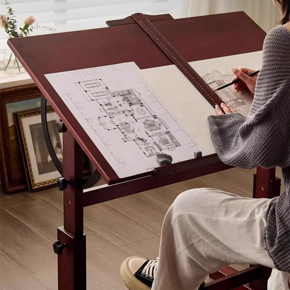 Drawing Table, Studio Painting Table and Craft Table, Height and Angle Adjustable, with Tilting Magnifying Tabletop and T-square
