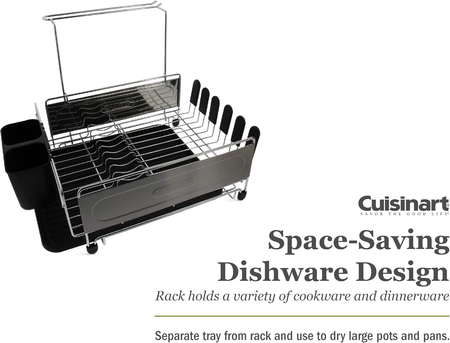Cuisinart Stainless Steel Dish Drying Rack – includes Wire Dish Drying Rack, Utensil Caddy, Draining Board, Stemware Holder, and Non-Slip Cup Holders, 14.4” x 12” x 6”- Stainless Steel/Black