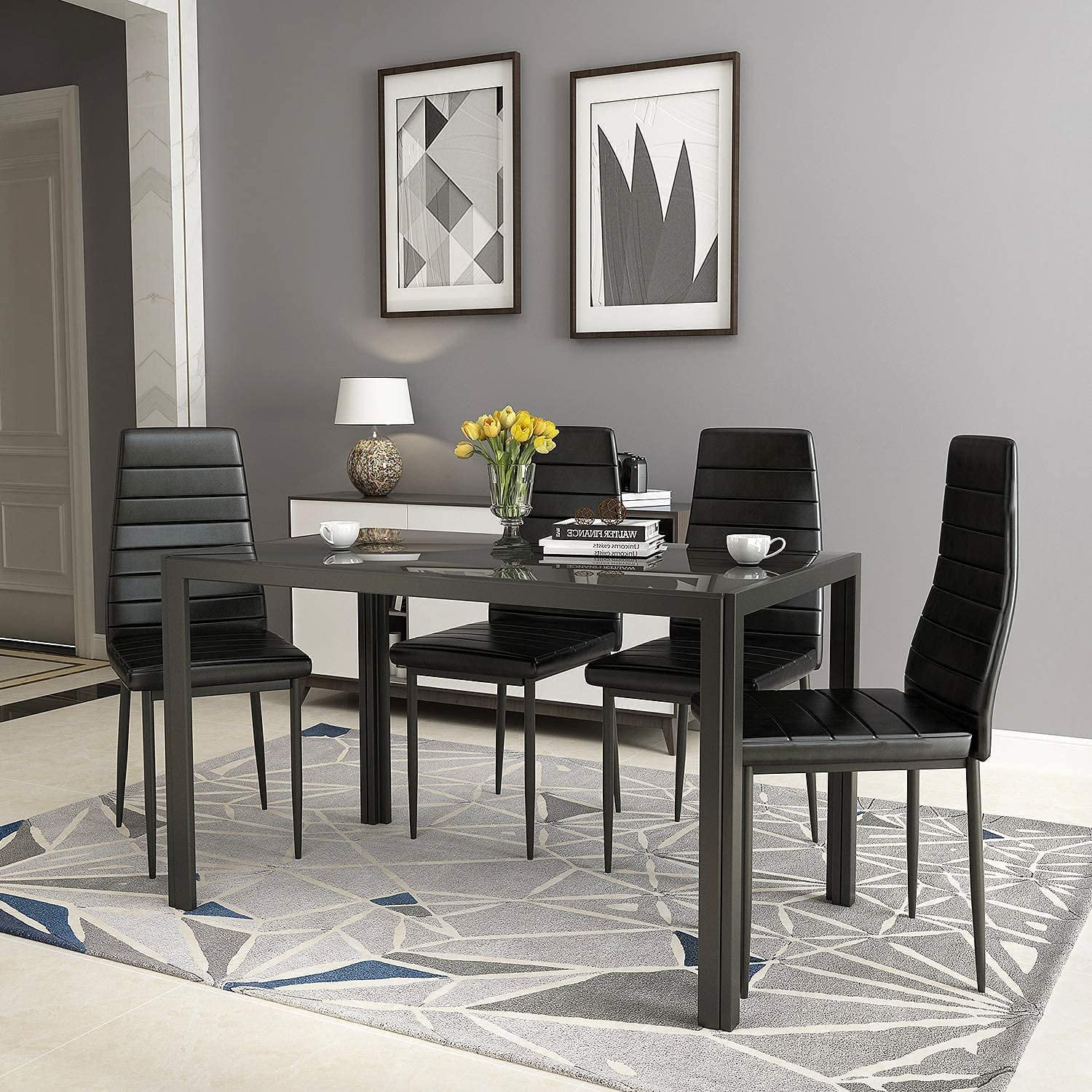 Recaceik Glass Dining Table and 4 PU Leather Chair, Suit 4-6 families, Kitchen Table 29.5