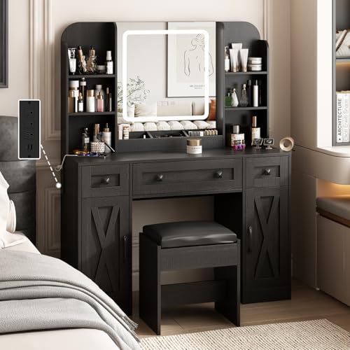 Vabches Makeup Vanity Desk, Vanity Mirror with Lights Desk and Chair,Makeup Table with 3 Large Drawers and 2 Cabinets, Time and Temperature Display, 3 LED Lighting Modes Adjustable, White