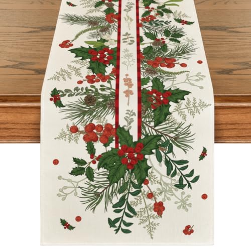 Artoid Mode Holly Pine Cone Leaves Floral Christmas Table Runner, Seasonal Winter Kitchen Dining Table Decoration for Home Party Decor 13x72 Inch