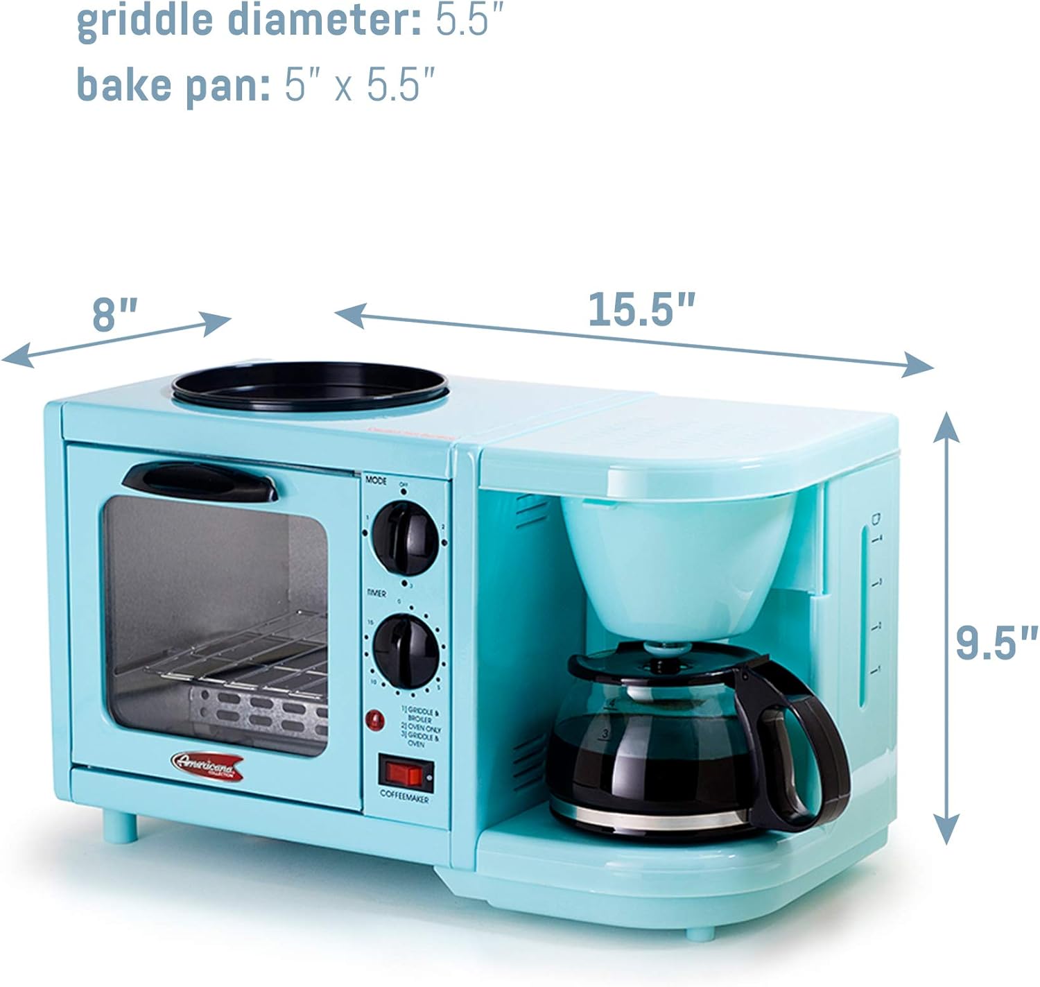 Americana EBK-200BL Retro Nostalgia 3-in-1 Breakfast Maker Station, 4 Cup Coffeemaker, Toaster Oven with Timer, Griddle, Aqua