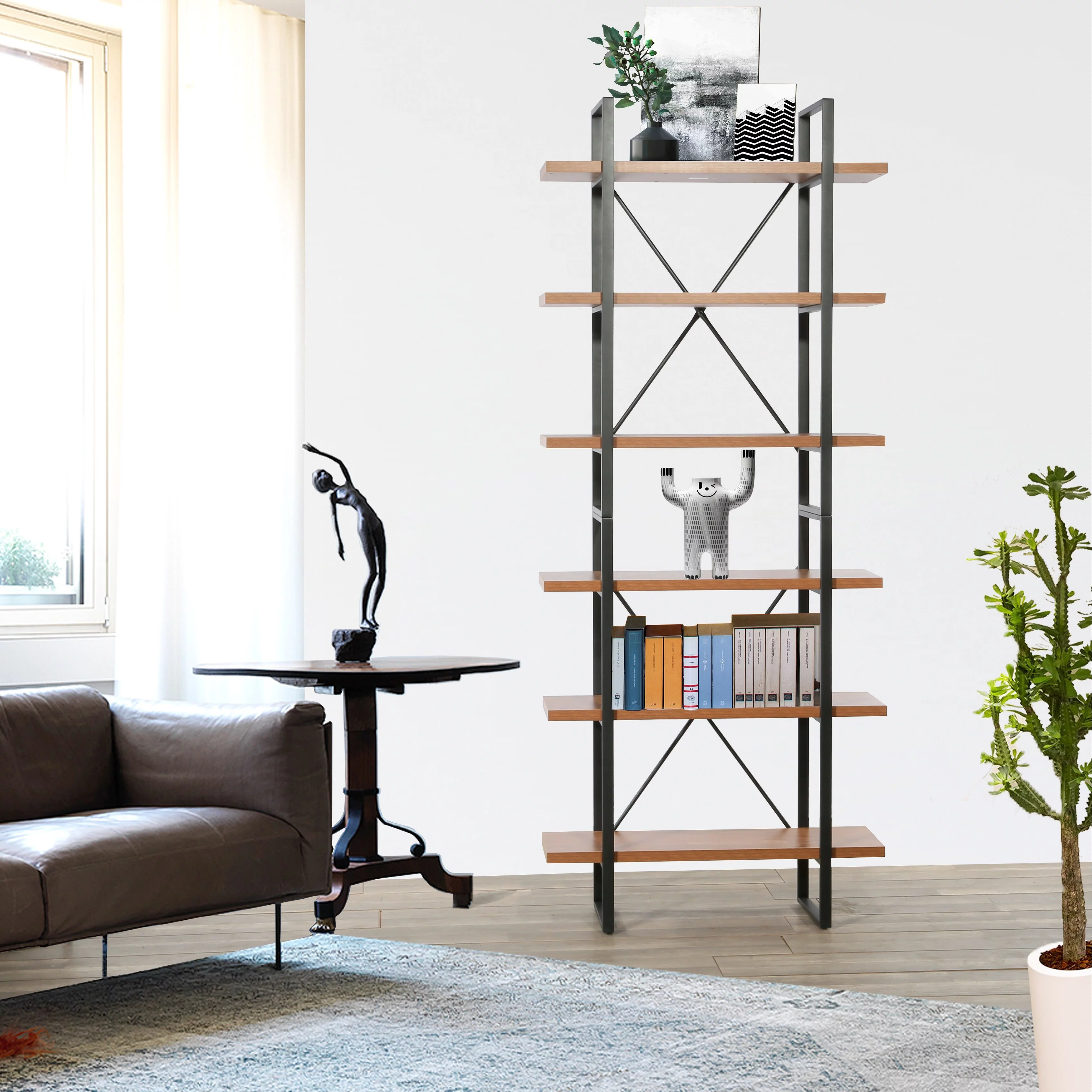Brittany Adjustable JD Walnut Wood and Metal Display and Steel Etagere Bookcase - 85.85'' x 35'' x 12.52''