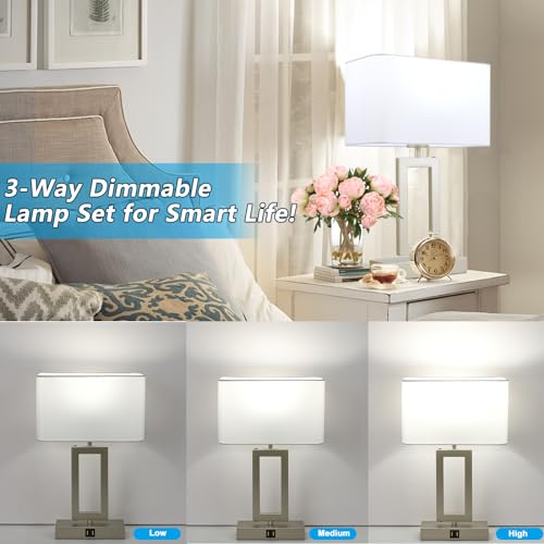 22’’ Set of 2 Touch Control Table Lamps w. 2 USB Ports, 3-Way Dimmable Bedroom Bedside Nightstand, Modern Gold&White Touch Lamps for Living Room End Table, LED Bulbs Included