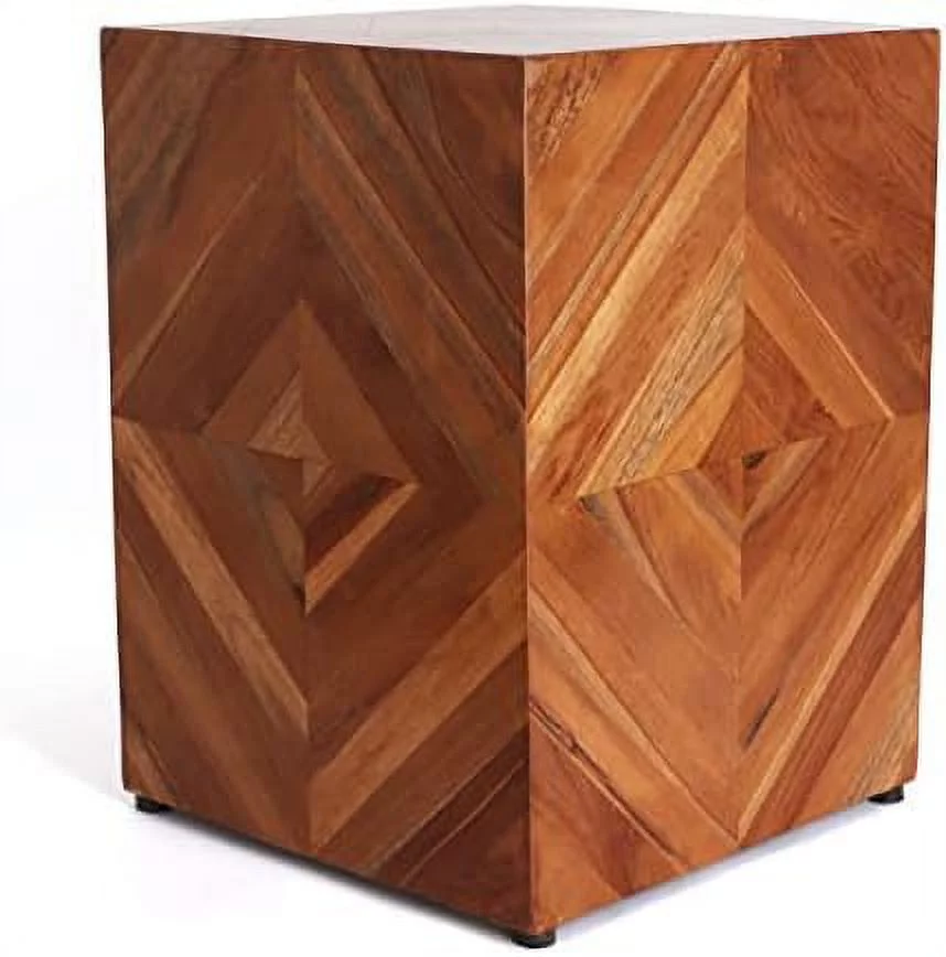 Teak Garden Stool - Farmhouse End Table - Barn Door Wooden Stool - Rustic Farmhouse Side Table/Patio Side Table - Indoor Outdoor Side Table - Indoor Outdoor Stool (Zen), Brown