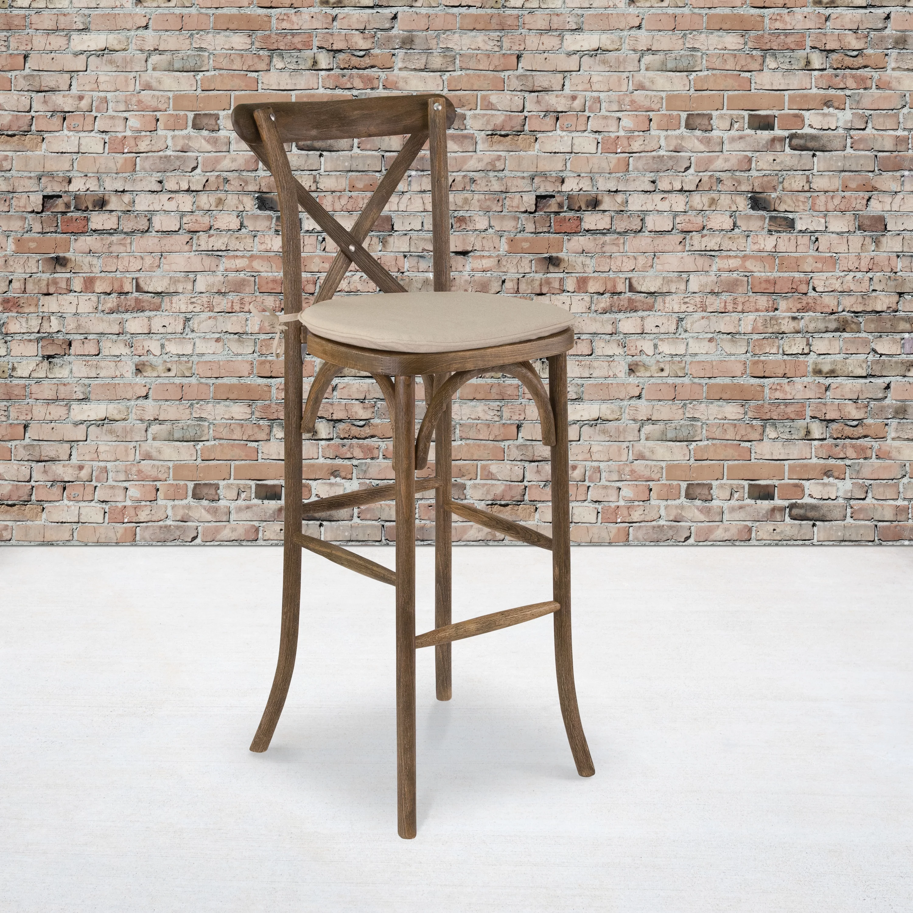 BizChair Dark Antique Wood Cross Back Barstool with Cushion