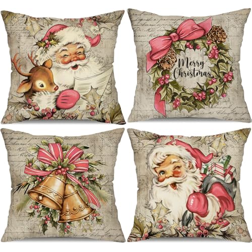 DFXSZ Christmas Pillow Covers 18x18 inch Set of 4 Santa Claus Reindeer Decorative Vintage Throw Pillow Covers Winter Retro Farmhouse Decoration for Home Couch BTHZ-140B18