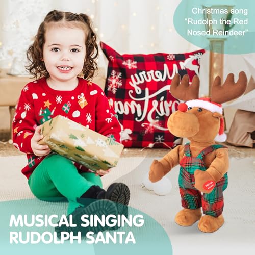 SdeNow Dancing Singing Rudolph Santa Red Nosed Reindeer Toy Tweaking Santa Claus Animated Musical Plush Santa Claus Doll