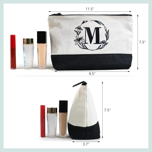 BeeGreen Mother's Day Gifts Personalized Women's Large White and Black Canvas Tote Bag, Embroidered Initials, Leather Handle, Zipper Closure