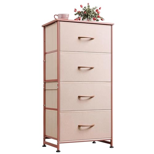 WLIVE Dresser with 4 Drawers, Fabric Storage Tower, Organizer Unit for Bedroom, Hallway, Entryway, Closets, Sturdy Steel Frame, Wood Top, Easy Pull Handle, Rustic Brown Wood Grain Print