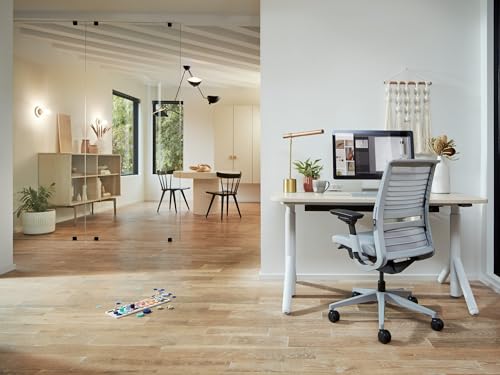 Steelcase Think Office Chair - Ergonomic Work Chair - Lumbar Support - 4D Arms - Dark Merle Frame with 3D Knit Back - Licorice Fabric with Wheels for Carpet Flooring