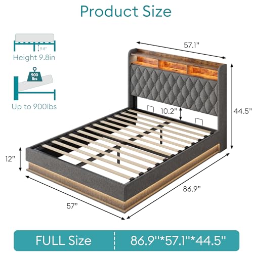 Queen Bed Frame with Storage - Lift Up Queen Size Bed Frame with Headboard, Upholstered Platform Bed with LED Lights & Charging Station, Hydraulic No Box Spring Needed Wood Slats Support, Grey