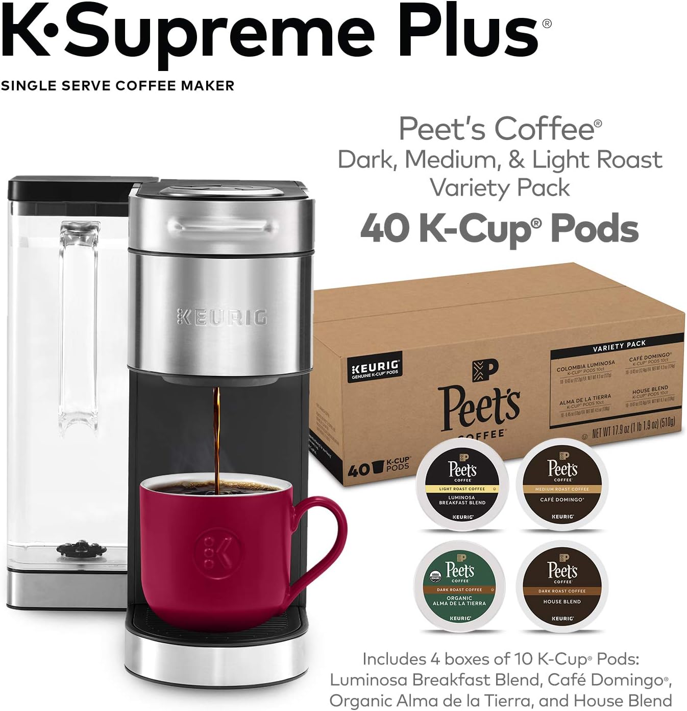 Keurig K-Supreme Plus Coffee Maker, Stainless Steel + Peet's Coffee Dark, Medium, & Light Roast K-Cup Coffee Pods for Keurig Brewers, Pods, Variety Pack, 40 Count