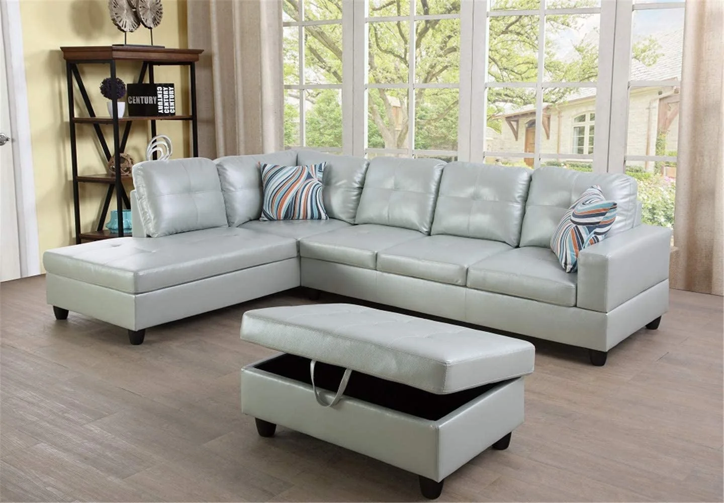 Pon Living Furniture L-Shaped Sectional Sofa Set, Silver Green Leather Living Room Sets in Home, with Storage Ottoman and Matching Pillows Left Hand Facing