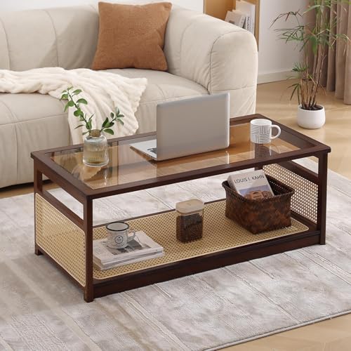Welnow Rattan Coffee Table for Living Room, Modern 2-Tier Rectangle Center Table with Storage Shelf and Glass Top, Mid-Century Boho Furniture for Apartment, 47.5