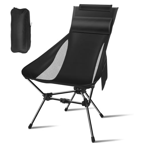 Camping Chairs, Portable Camping Chair with Headrest and Storage Bag, Lightweight Foldable Chair for Outside Camping, Hiking, Travel, Beach and Sports