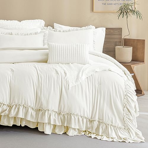 QSH Ruffled Comforter Set Queen Size, 3pcs Taupe Shabby Boho Chic Bedding Comforter Sets, Ultra Soft Farmhouse Lightweight Microfiber Inner Fill Bed Comforter set